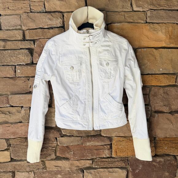 Y2K Guess White Fur Cropped Utility Moto High Neck Convertible Full Zip Jacket S - Picture 3 of 16